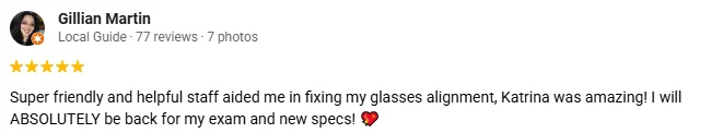 Eye Doctor Bainbridge Island WA Testimonial Gillian M A 5-star google review for Island Family Eyecare praising their friendly and helpful staff